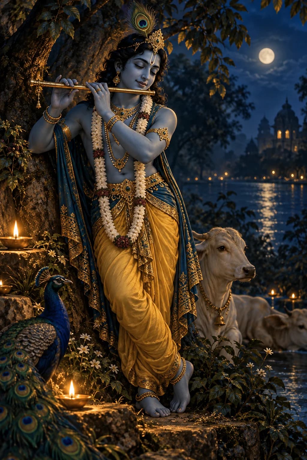 Krishna playing a flute in a softly illuminated forest