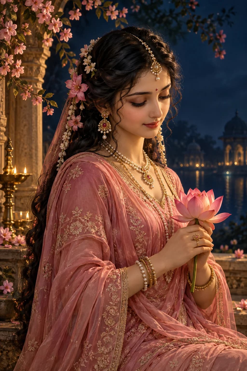 Radha holding a pink lotus beneath flowering branches